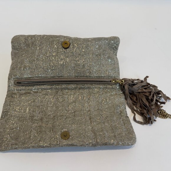 Lanvin Gold Crystal-Embellished Wide-Gauge Metallic Jacquard Tassel Clutch - Picture 10 of 10